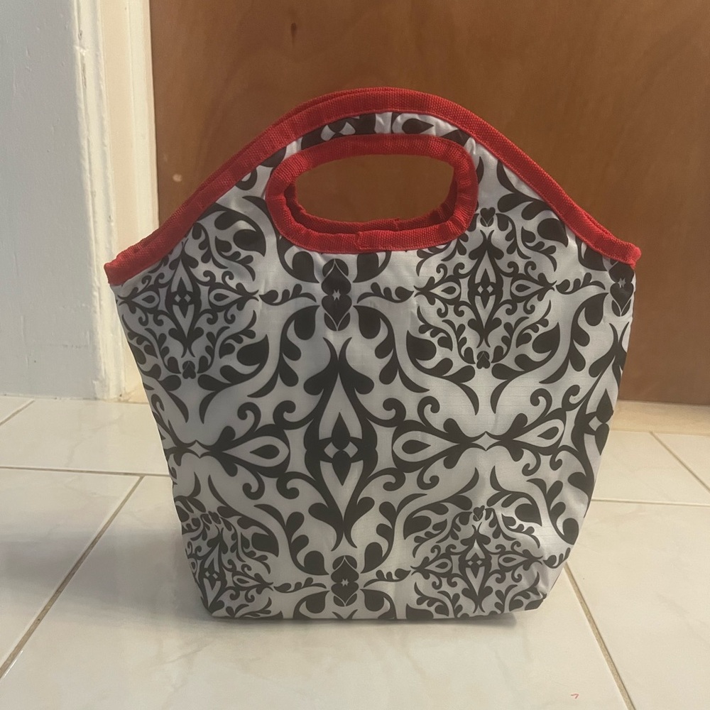 Black and White Patterned with Red Trim Zipper Closure Lunch Bag